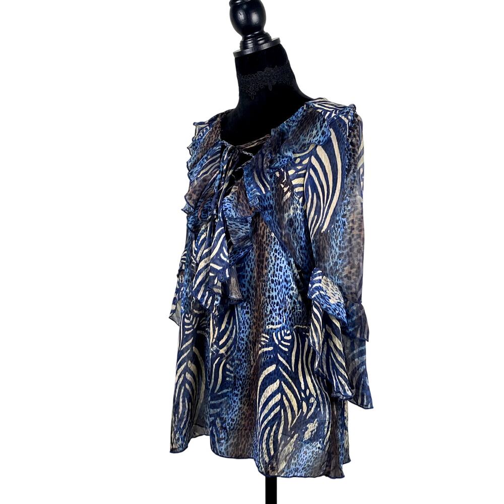 Metric Animal Print Whimsigoth Avant Garde LaceUp Boho Ruffle Flowy Blouse Dress - Picture 3 of 14